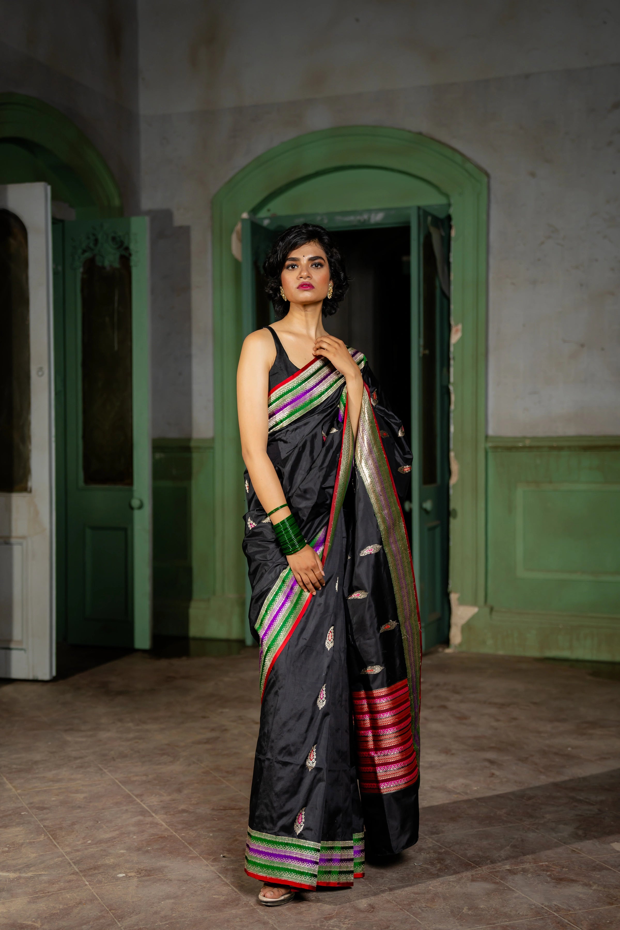 Designer Black Pure Silk Banarasi katan with Meenakari work